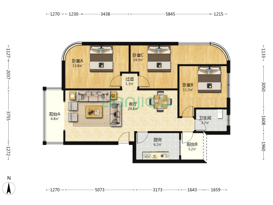 今日城小区 3室1厅1卫 101平方