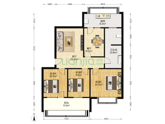 天华小区 3室2厅1卫 119平方