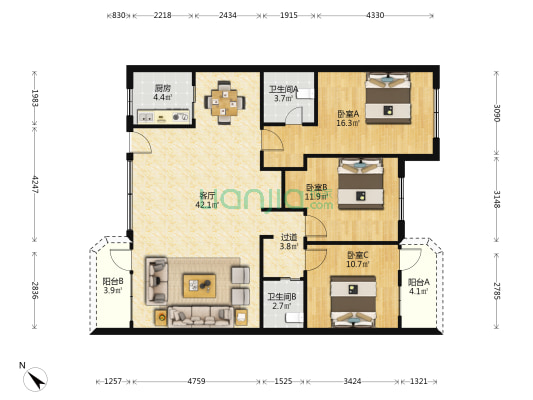 华阳新村 3室1厅2卫 104平方