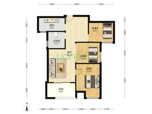 恒韵府 3室1厅1卫 100平方