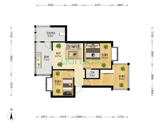 北仓坡13号 3室1厅2卫 55平方