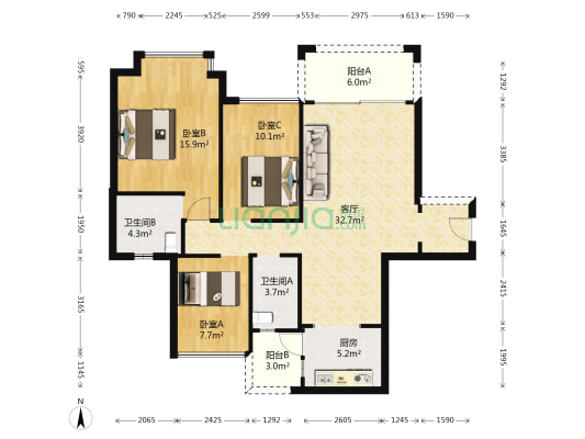 聚兴花园 3室1厅2卫 103平方