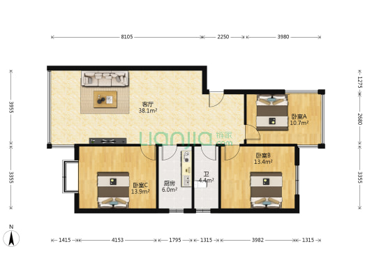 世锦公寓 3室1厅1卫 100平方