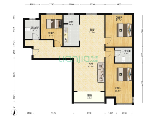 金品时代 3室2厅 南 北-户型图