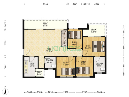 首钢铂鹭风华 4室1厅2卫 111平方