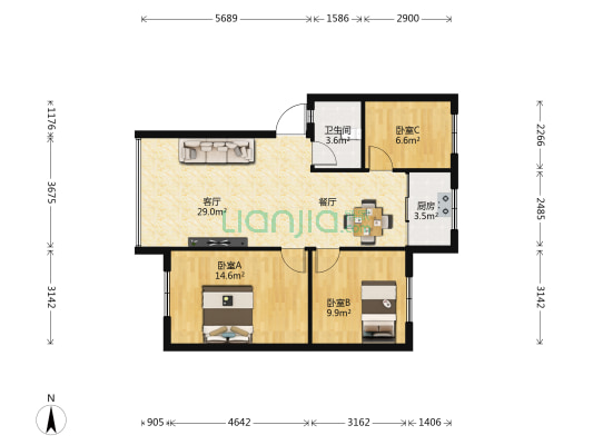圣火生活大院 3室1厅1卫 81平方