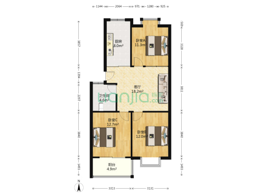 名都花园(昆山市) 3室1厅1卫 87平方