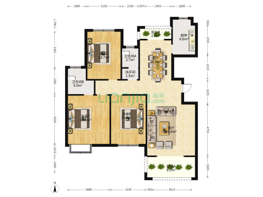 绿野御龙苑 3室2厅3卫 136平方