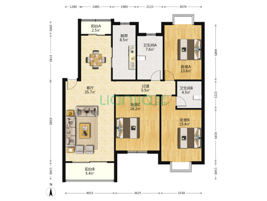 华夏花园 3室1厅2卫 138平方