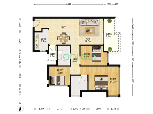 华发城建四季半岛水晶湾 3室1厅2卫 96平方