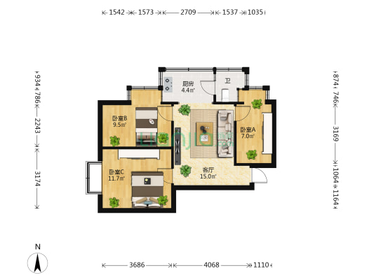 翠湖南路173号-175号院 3室1厅1卫 55平方