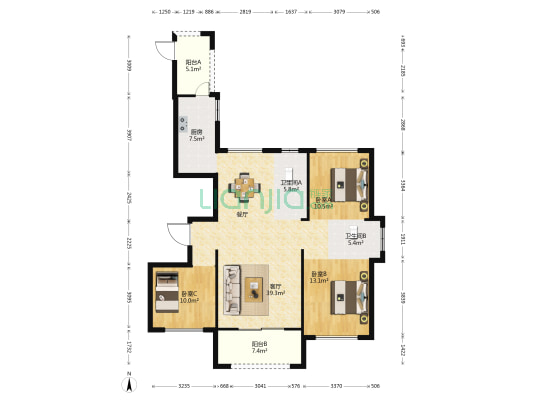 海华美域 3室1厅2卫 133平方