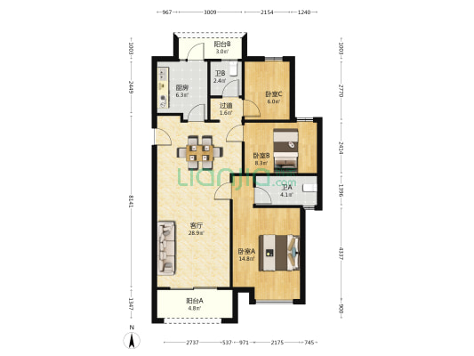 紫金华府 3室1厅2卫 106平方