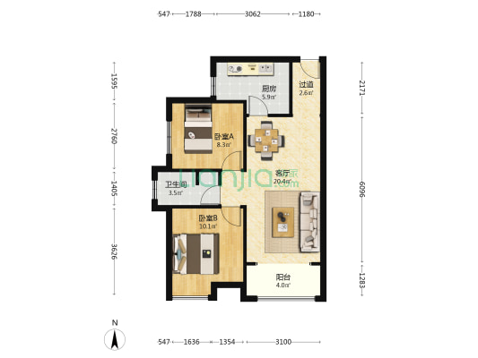 汇港铭都 2室1厅1卫 73平方