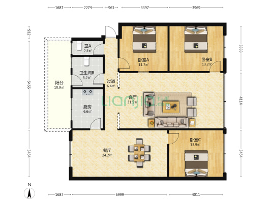 交管站宿舍 3室2厅2卫 139平方