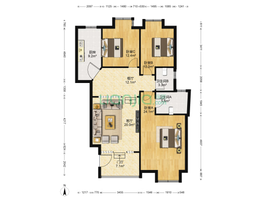 他山花园 3室2厅2卫 134平方