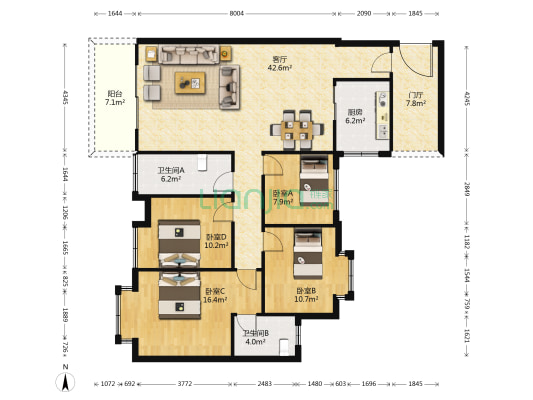 中环品悦 4室1厅2卫 144平方