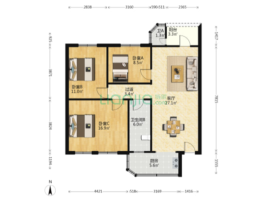 鑫华楼 3室1厅2卫 95平方