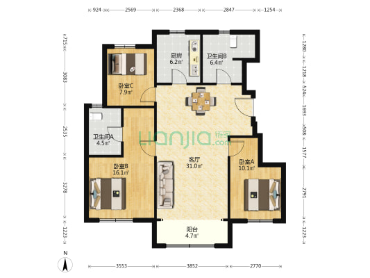 枫珑园 3室1厅2卫 114平方
