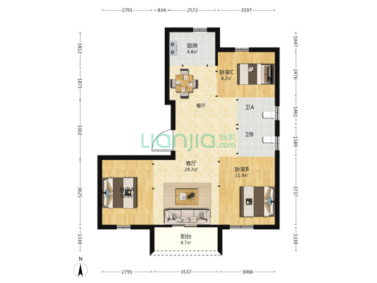 前田湖西苑 3室1厅2卫 102平方