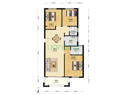 罗西住宅区十二组团 3室1厅2卫 130平方