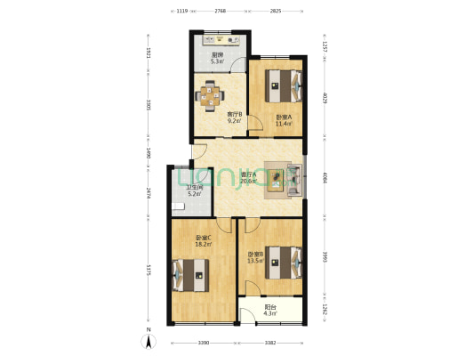 长清县农业银行宿舍 3室2厅1卫 101平方