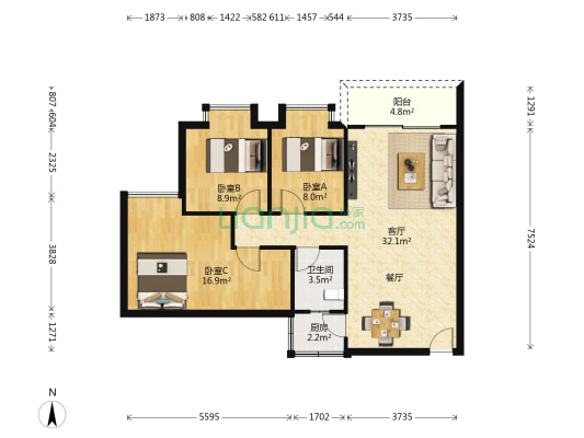 华怡居 3室1厅1卫 87平方