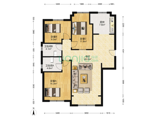 保利香槟 3室1厅2卫 135平方