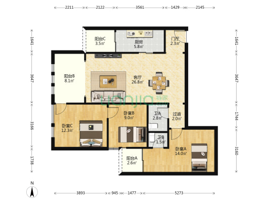 水岸新都 3室1厅2卫 109平方