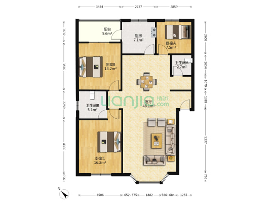 太极花园 3室1厅2卫 124平方