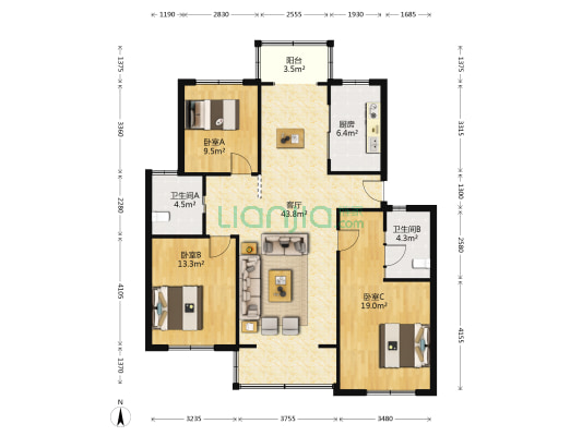 火炬小区 3室1厅2卫 123平方