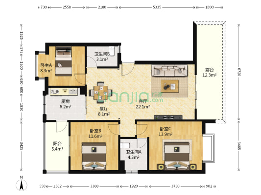 白龙花苑 3室2厅2卫 103平方