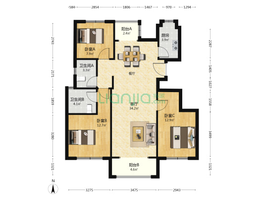 正商湖西学府 3室1厅2卫 117平方