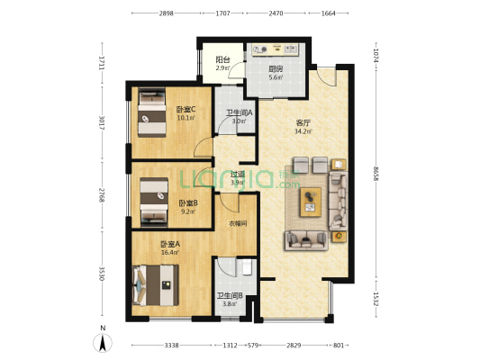 保利时代云央 3室1厅2卫 110平方