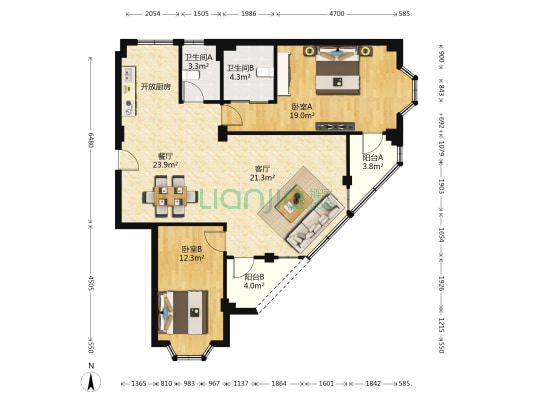 南盛花园 2室2厅2卫 95平方