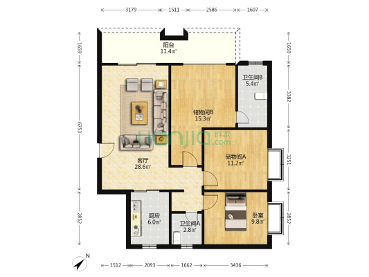 东山府锦 1室1厅2卫 117平方