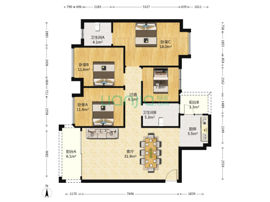 恒湖轩 4室1厅2卫 117平方