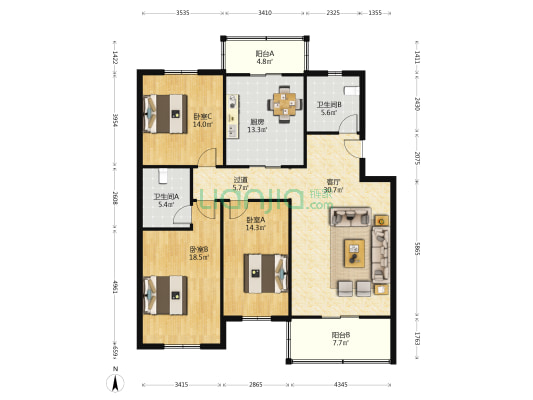 宏愿花园 3室1厅2卫 144平方
