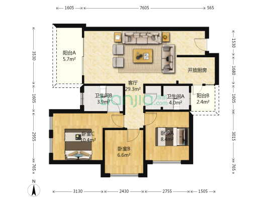 中铁交通天地明珠 3室1厅2卫 94平方