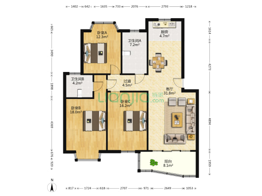 天天嘉苑南区 3室1厅2卫 120平方