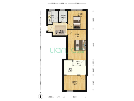 矿山局家属院南北通透两居一楼带院-户型图