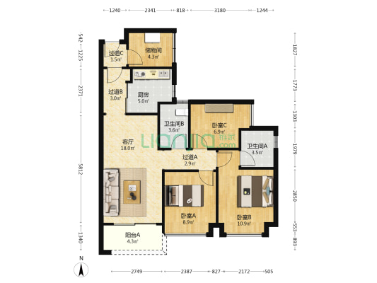城投珠江天河壹品 3室1厅2卫 86平方
