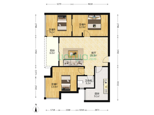 黄泥磅两房带套房舒适户型，看中庭住家安静70年大产权-户型图