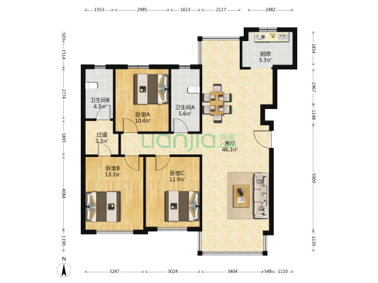 将军府 3室1厅2卫 124平方