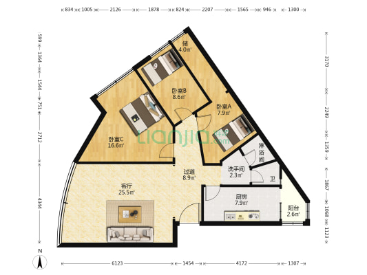 华山南路一段131号 3室1厅3卫 105平方