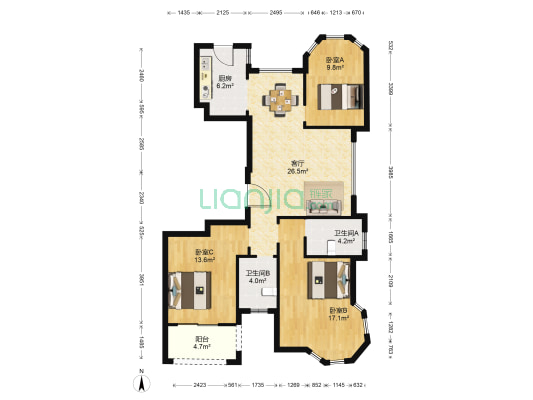 阳桐花苑 3室1厅2卫 122平方