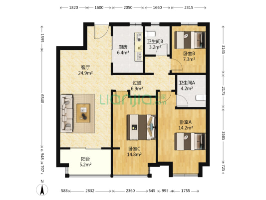 吾悦广场二期 3室1厅2卫 105平方