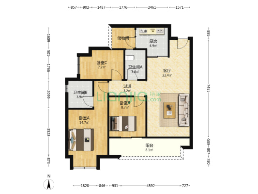 寻光沙磁 3室1厅2卫 99平方