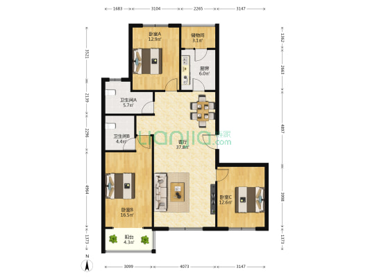 亚润花园 3室1厅2卫 139平方