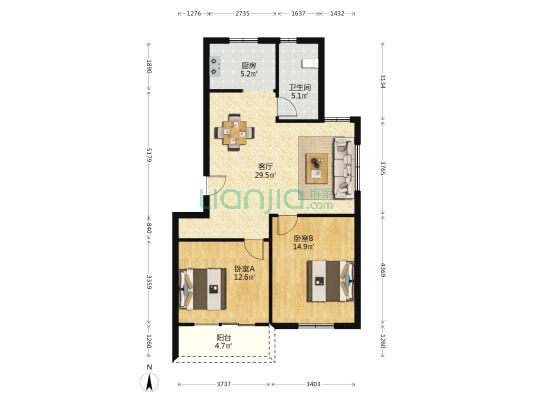北都现代城 2室1厅1卫 148平方